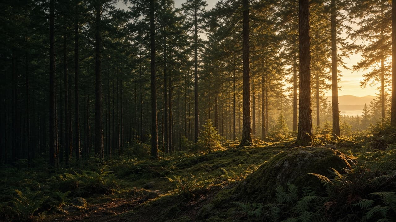 Pine forest at golden hour on the Maine coast