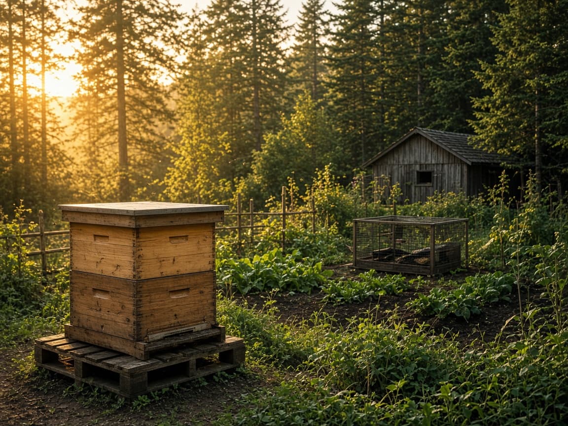 Langstroth hive boxes at golden hour on a Maine homestead
